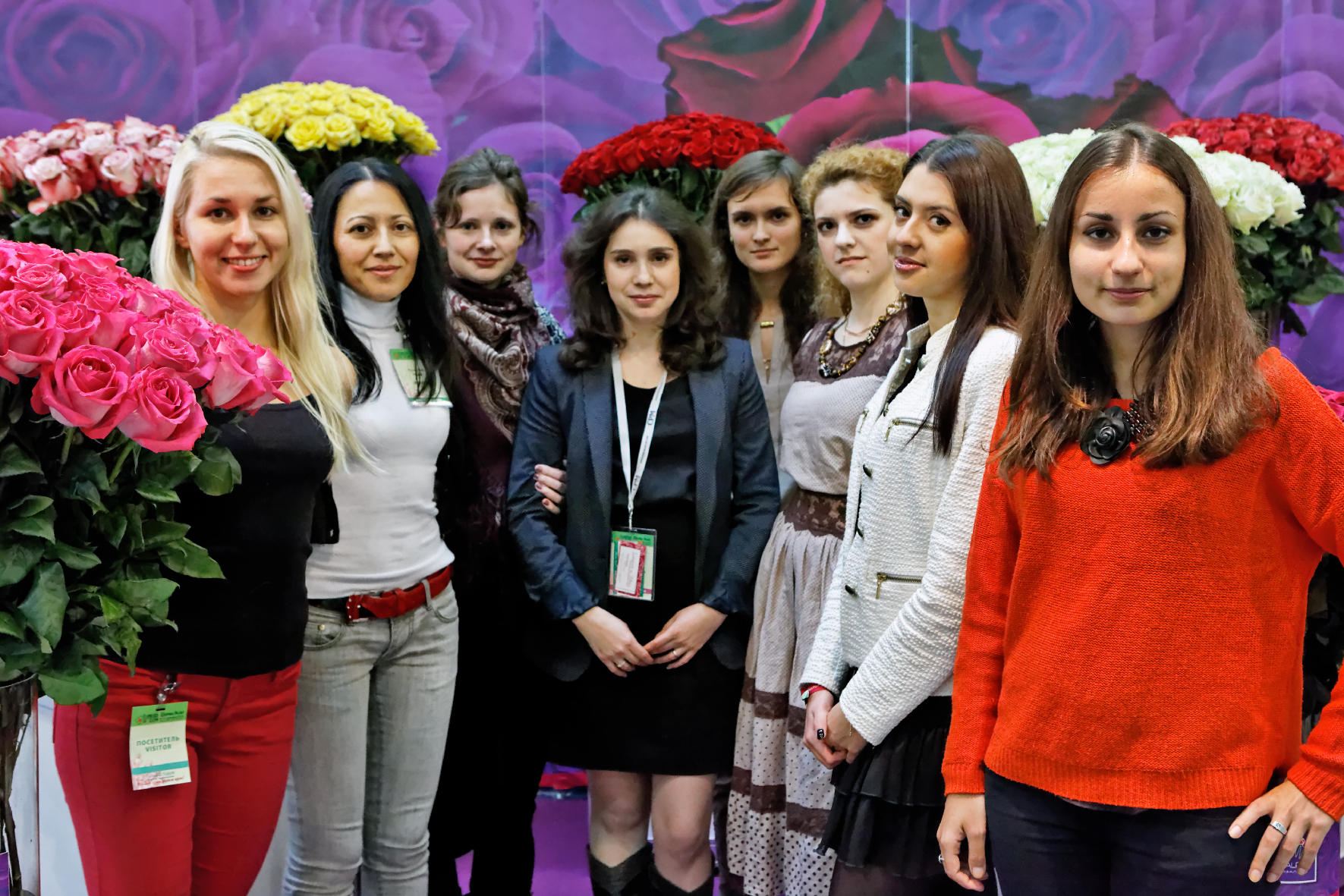 Interpreters O. Lavrinaytis, F. Ruzikolova, A. Babaitseva, A. Ermanok, M. Sávchenkova, L. Juroshvili, E. Vákhtina, M. Ageeva during the fair Flowers Expo.