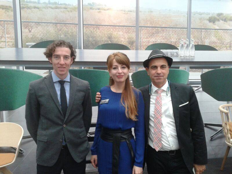 Miguel A. Canovas y José Palau (Andreu World) during the fair Office Next Moscow. Interpreter from spanish in Moscow M. Sanayants.